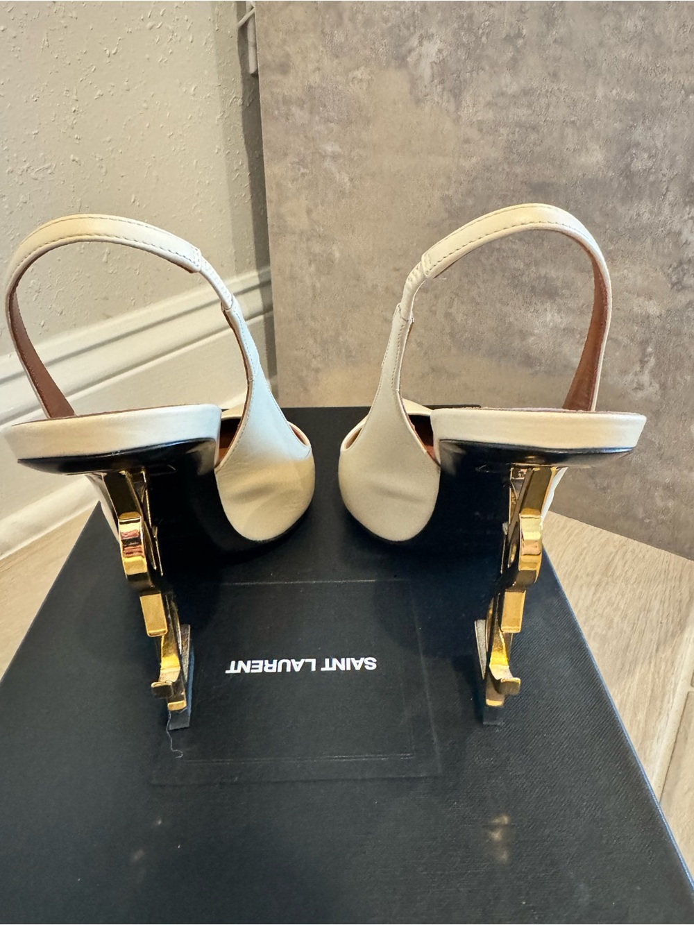 Saint Laurent YSL Opyum 100mm Ivory Slingback Pumps YSL Logo Heel - Picture 4 of 14